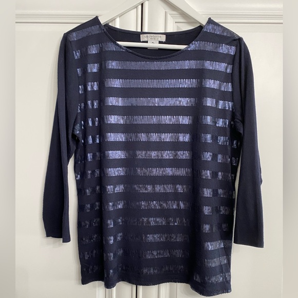 Liz Claiborne Tops - Liz Claiborne Women’s Petite Large Navy Scoop Neck Knit Shirt with Sequin Bands